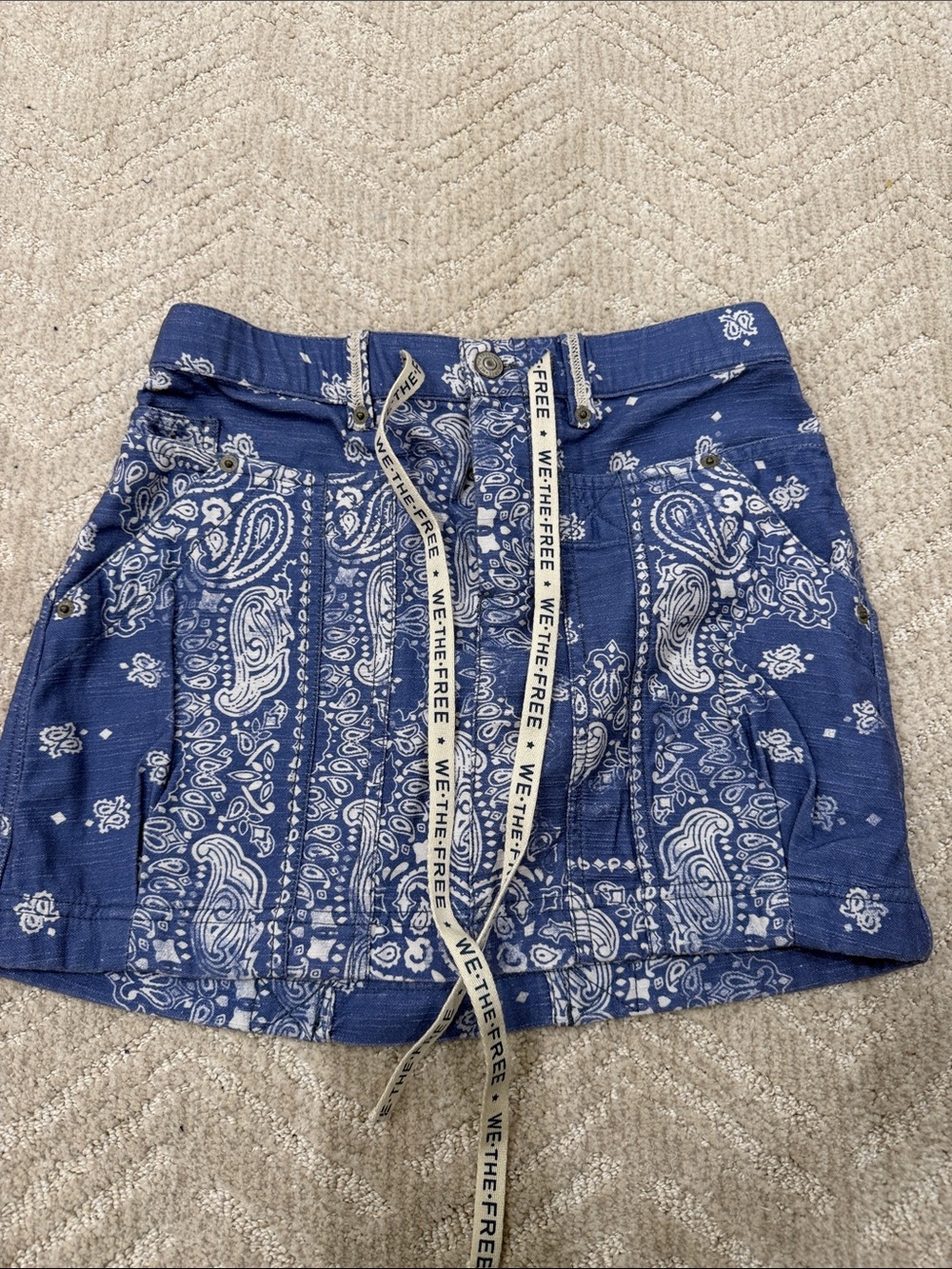 We The Free Navy Blue Paisley Drawstring Mini Skirt